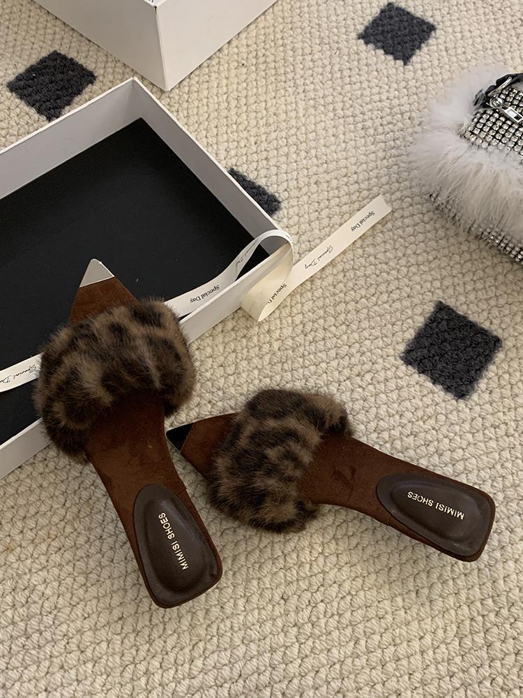 SUOJIA Fur Autumn New Women's Summer Beach Open Toe Slip On Slides Ladies Elegant Thin High Heel Dress Pumps Slides