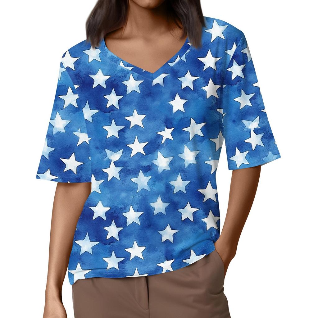 Women's V Neck T Shirts Half Sleeve Tops Printed Casual Summer Tees T Shirt Blouse