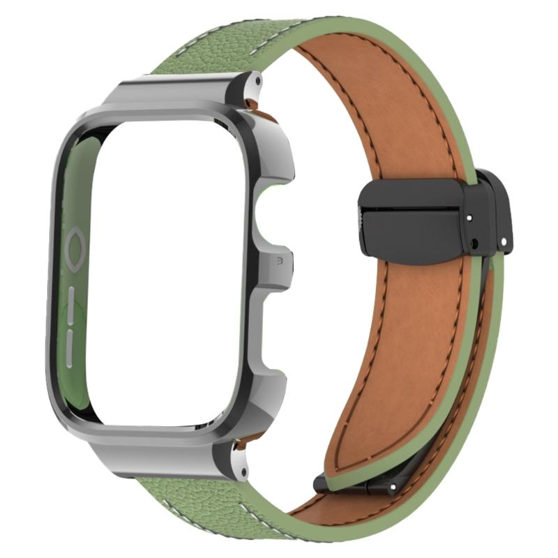 Leather Watch Band Replacement Band Lychee Texture Strap for Fit 3 Wristband Sweatproof Bracelet with Metal Frame
