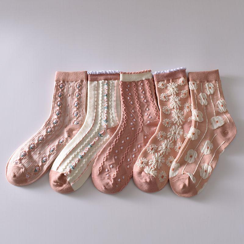 5 Stück/weiße florale Mid-Tube-Socken für Damen, trendige japanische Pudernebelfarbe, Student Loli Spring, dünner Abschnitt, JK-Socken, Pink, Neu