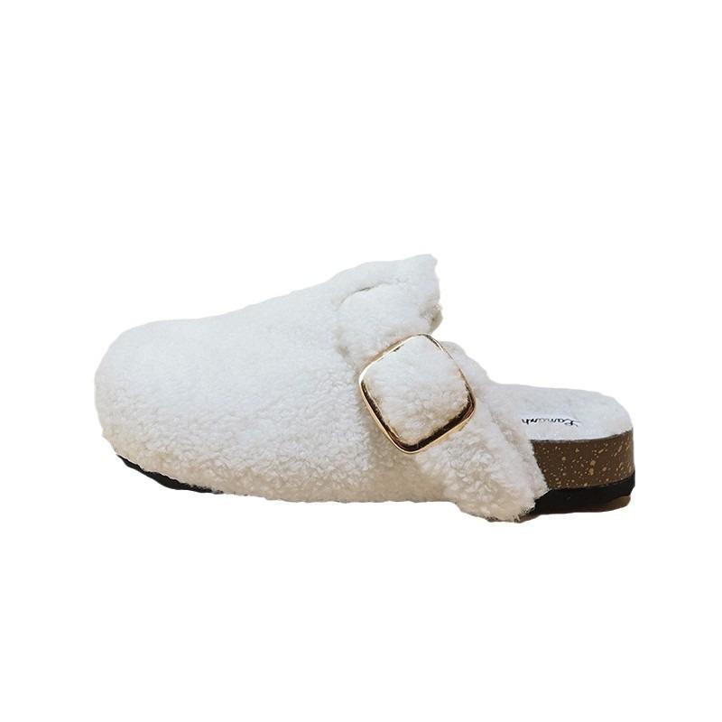 Lamb wool bag head half slippers women's new thick-soled wool slippers autumn and winter wear half-support single shoes