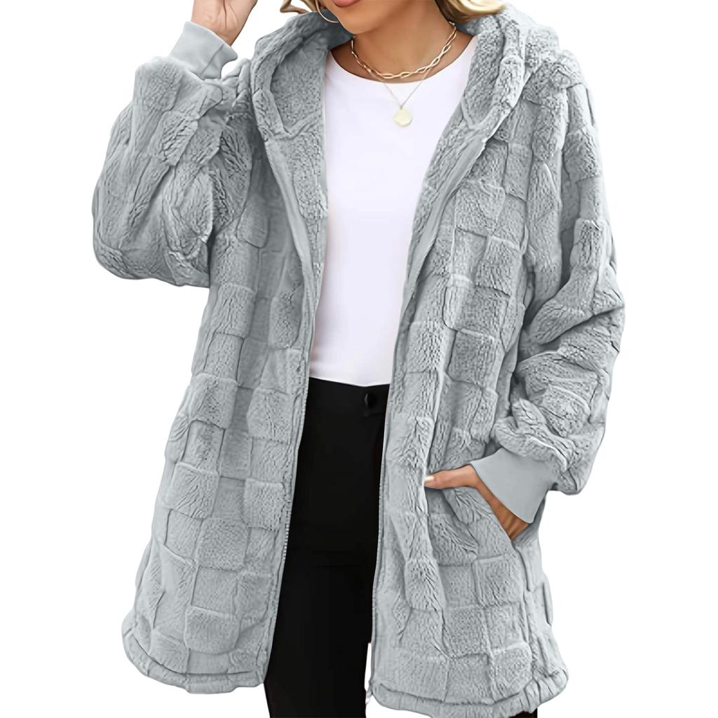 Women's Fashionable Casual Warm Thick Checkered Plush Mid-length Elegant Button And Zipper Cardigan Coat