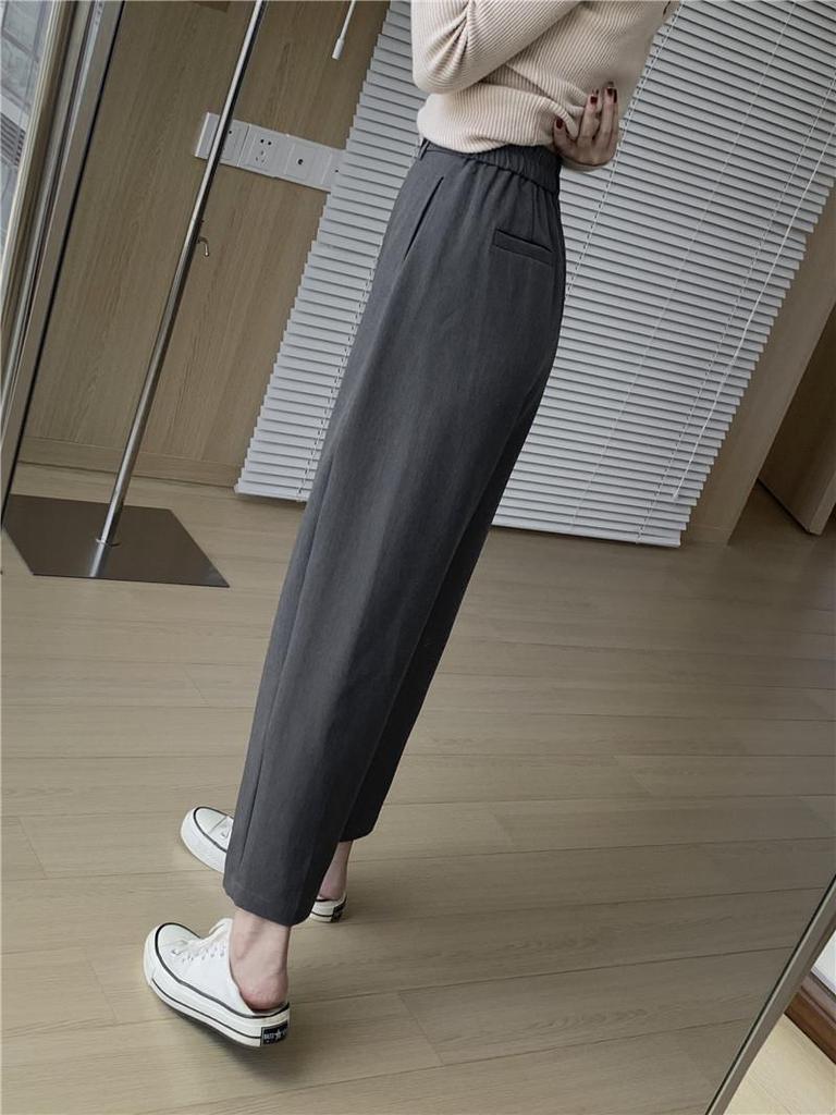 Women's 2024 Autumn Khaki Wide-Leg Suit Pants - Navy Blue, Loose, Straight, Nine-Point Length
