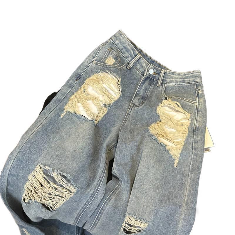 American Hot Girl Slimming Ripped Wide-Leg Summer Denim Pants