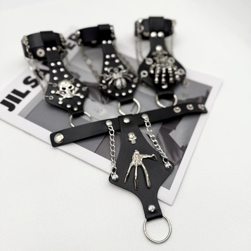 Steampunk Skull Finger PU Leather Bracelet For Men Gothic Silver Color Link Chain Bracelets Bangles Rock Halloween