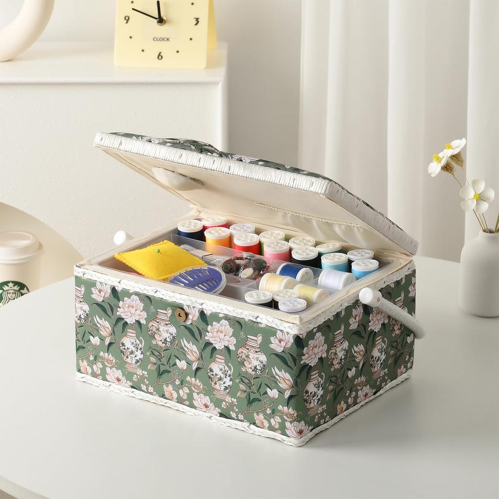 D&D Sewing Box, Sewing Kit, Large Capacity, Double Layer Storage, Sewing Accessory Storage Box 24*17.5*13cm (Large - Green)