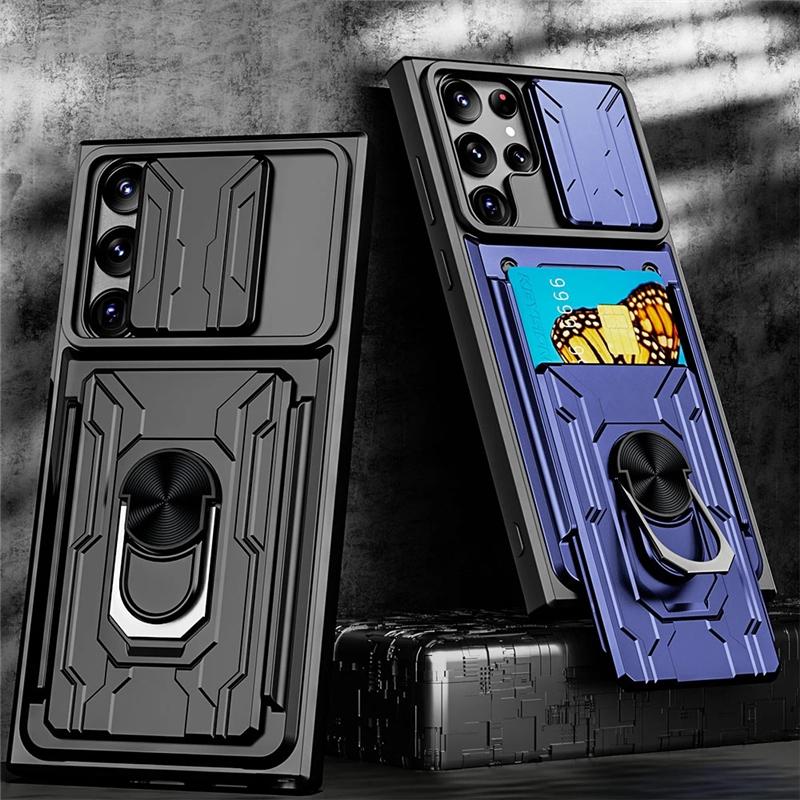 

Для Samsung Galaxy S23 Ultra Plus Чехол Ударопрочный держатель карты Slide Camera Защита Броня Кольцо Крышка подставки для Samsung S23 S23Ultra S23Plus Чехлы