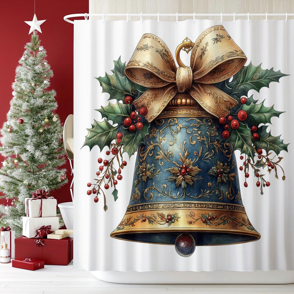 

Vintage Christmas Bell Shower Curtain - Golden Bow & Holly Leaves, Elegant Holiday Bathroom Decor W60H190(CM)-1 Pcs