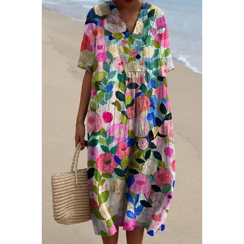 IHUASU Dámská móda léto jaro ležérní šaty s krátkým rukávem a výstřihem do V