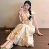 Summer French Gentle Wind Fungus Edge Floral V-neck Bag Sleeve Dress Temperament Waist A Word Long Dress Women's Clothing