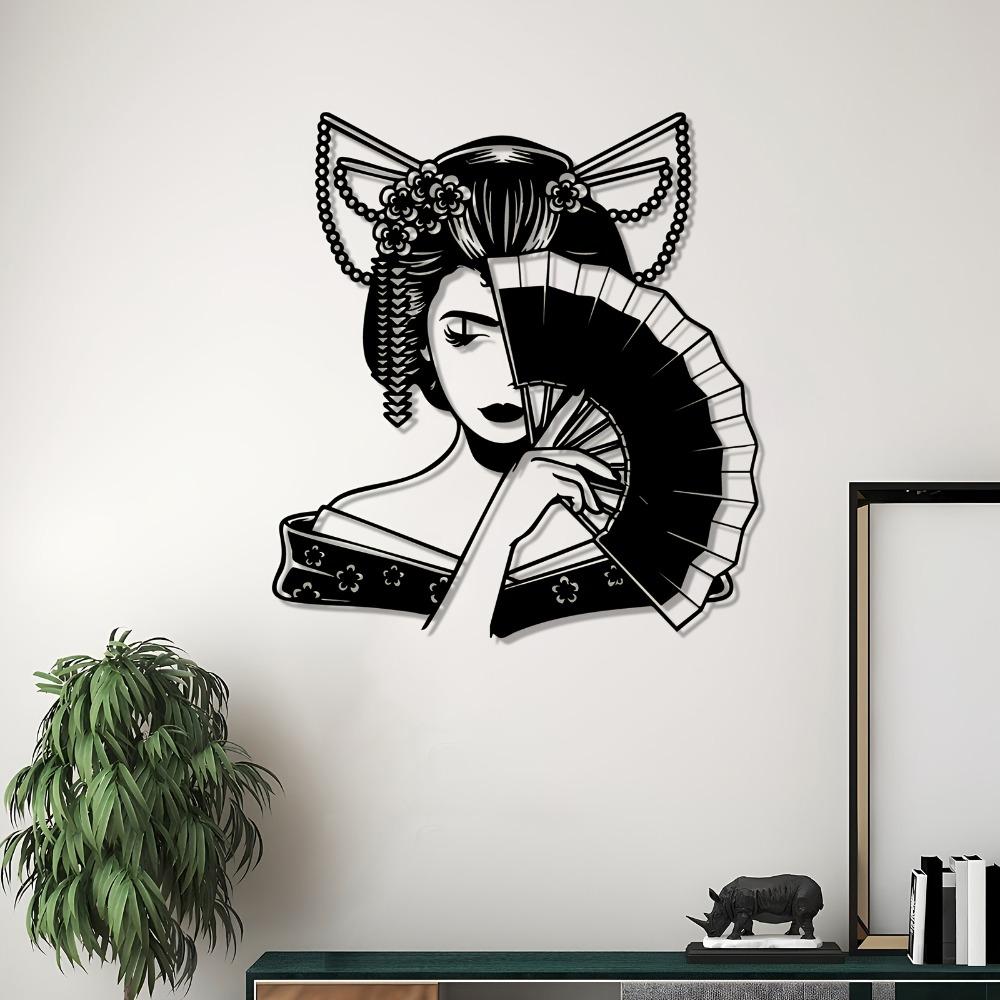 Geisha Metal Wall Art Exotic Garden Decor Weather Resistant Japanese Cultural Festival Housewarming Gift Fan Bedroom Fence Statue