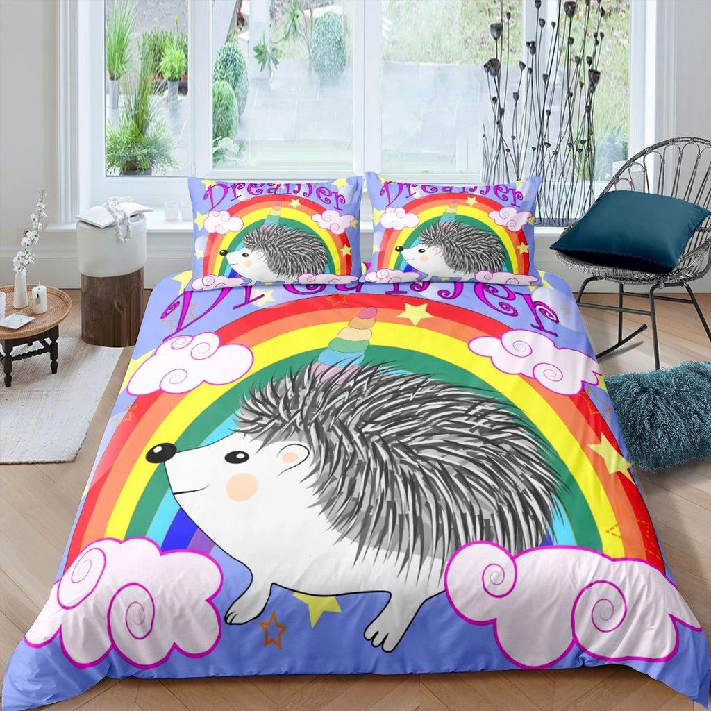Lovely Hedgehog Duvet Cover Teens Full Runing Animals Bedding Set Modern Field Path Soft Cute Hedgehog Printed 3pcs Bedding Set