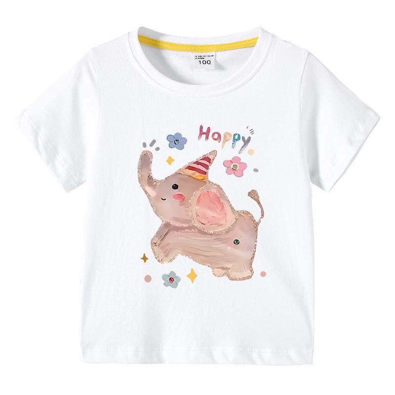 Girls TShirt Cute Elephant Print Short Sleeve Tee 100 Cotton Soft Breathable Summer Tops for Kids Children