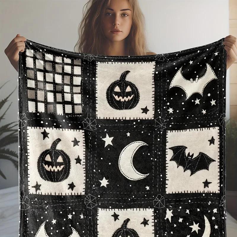 Cozy Flannel Halloween Blanket – Pumpkin & Bat Design, Soft Warm Throw for Couch, Bed, Car, Office, Camping, All-Season Gift