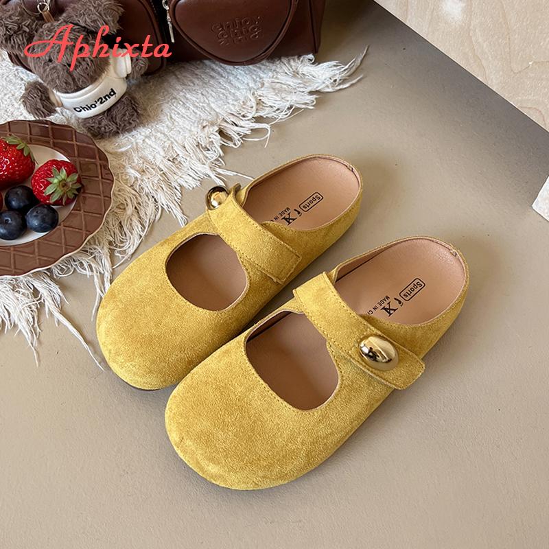 Fashion Aphixta Candy Color Flat With Women Slippers Cow Suede Metal Decoration Shoes Sweet Round Toe Slip On Outside Slide Mules