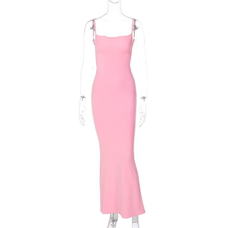 

Elsa New Arrival Ins Style European and American Women s Clothing Sexy Sexy Pure Desire Slim Fit Backless Sling Pure Color Dress Long Dress Pink(In stock) L