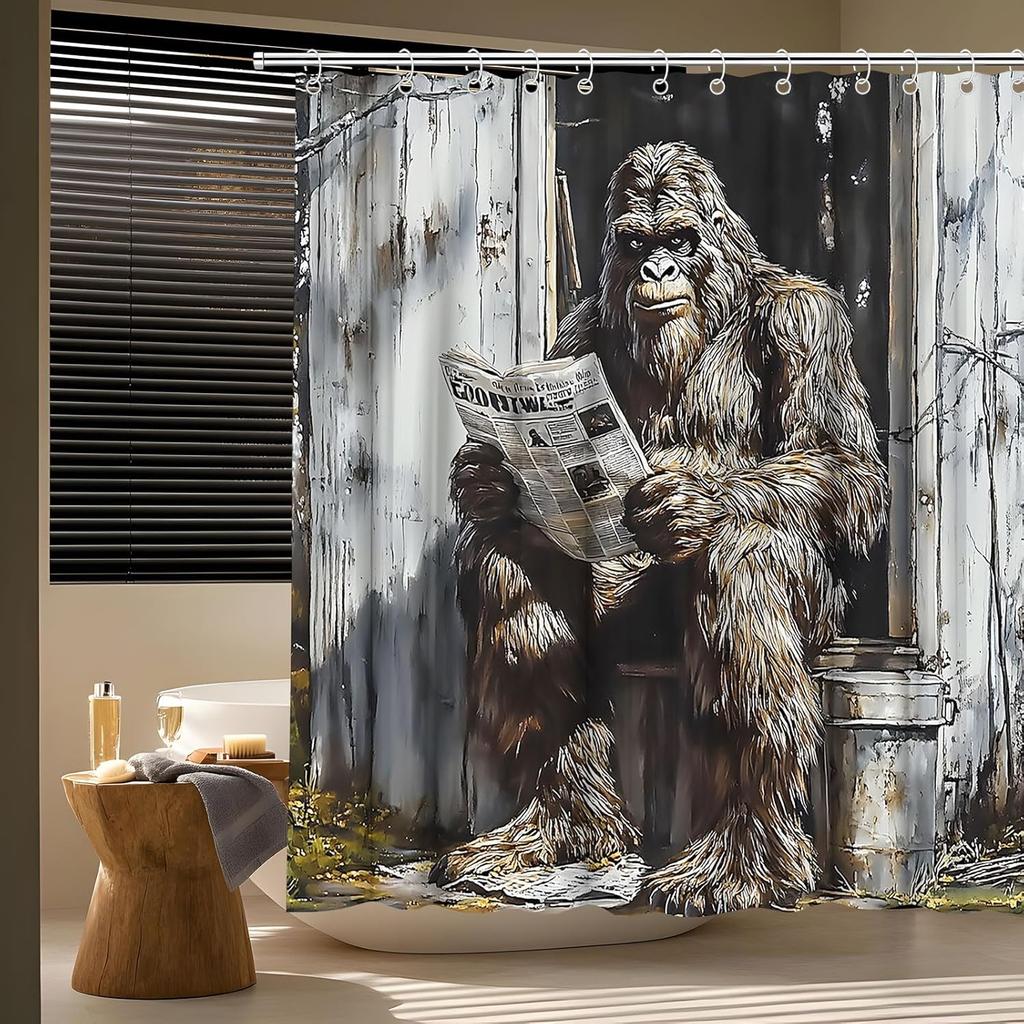Funny Gorilla Shower Curtain Farmhouse Rustic Hilarious Animal Read Newpaper Vintage Chimpanzee Man Retro Wooden Door Bath