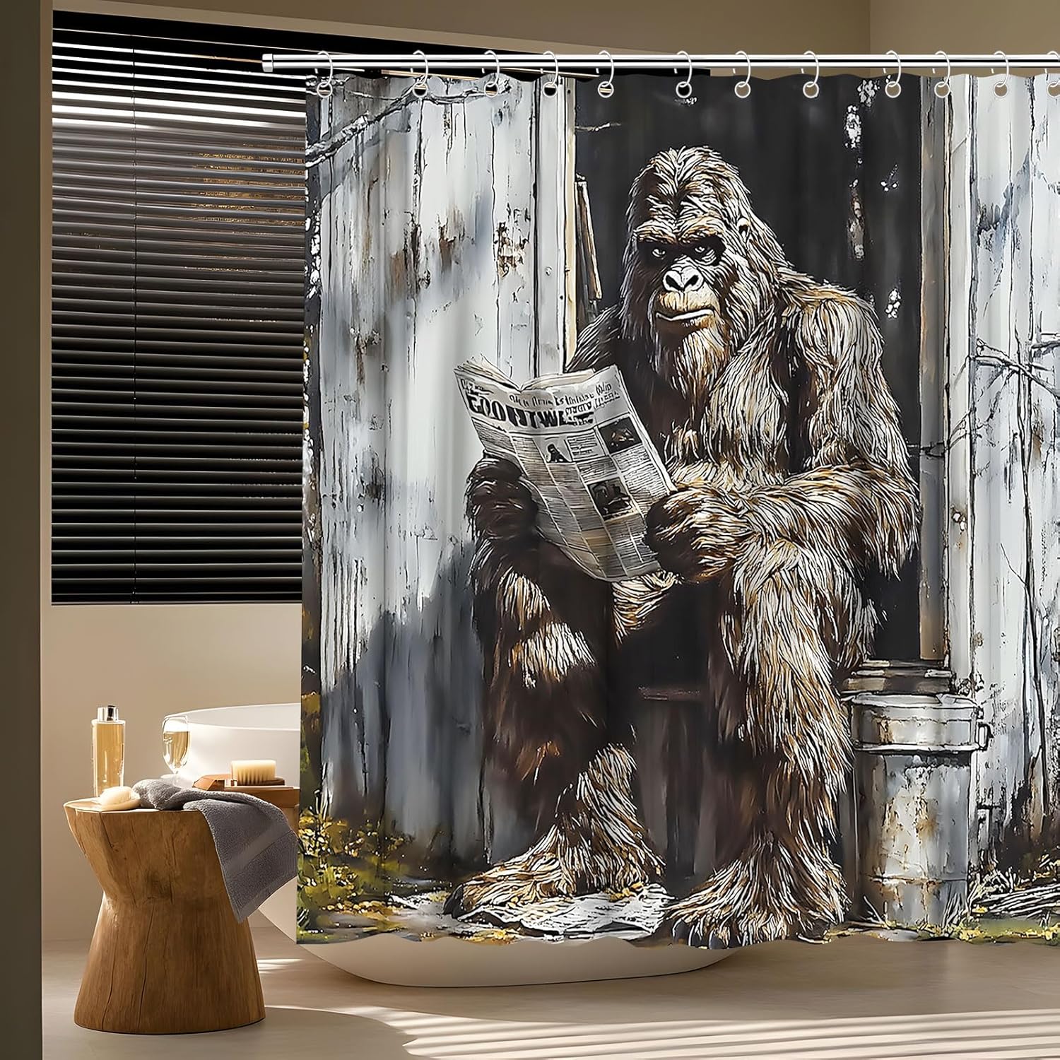 Funny Gorilla Shower Curtain Farmhouse Rustic Hilarious Animal Read Newpaper Vintage Chimpanzee Man Retro Wooden Door Bath