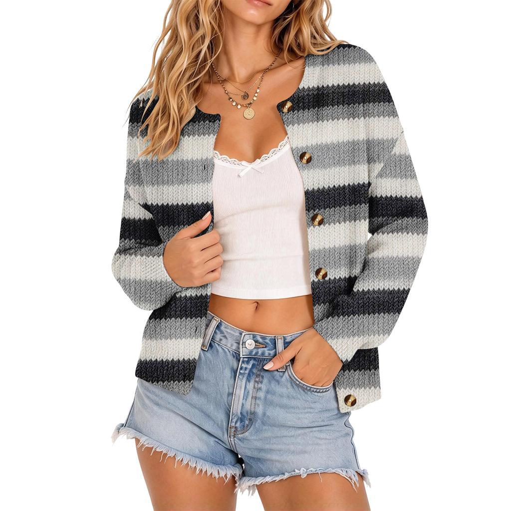 Women's Striped Button Front Knit Cardigan Cute Open Front Sweater for Casual Wear