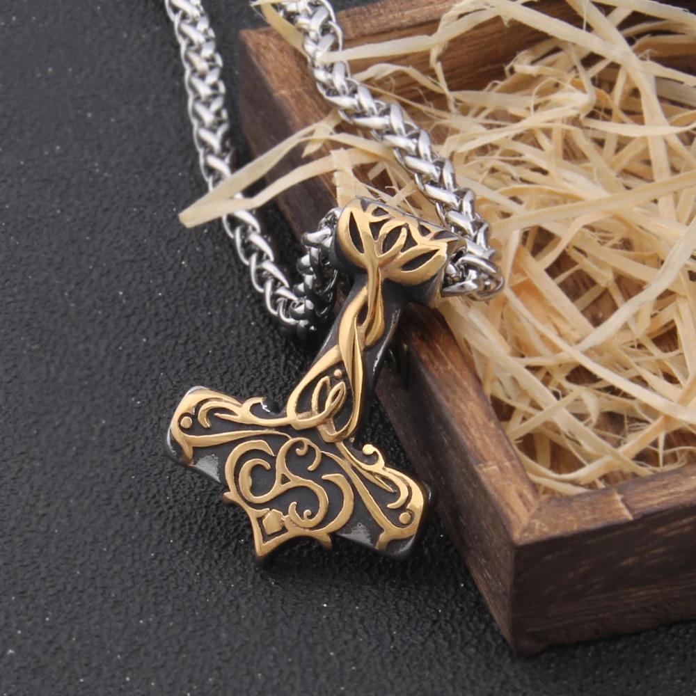 Fashion Valknut Viking Thor's Hammer Pendant Necklace With keel Chain As Men Gift with wooden box