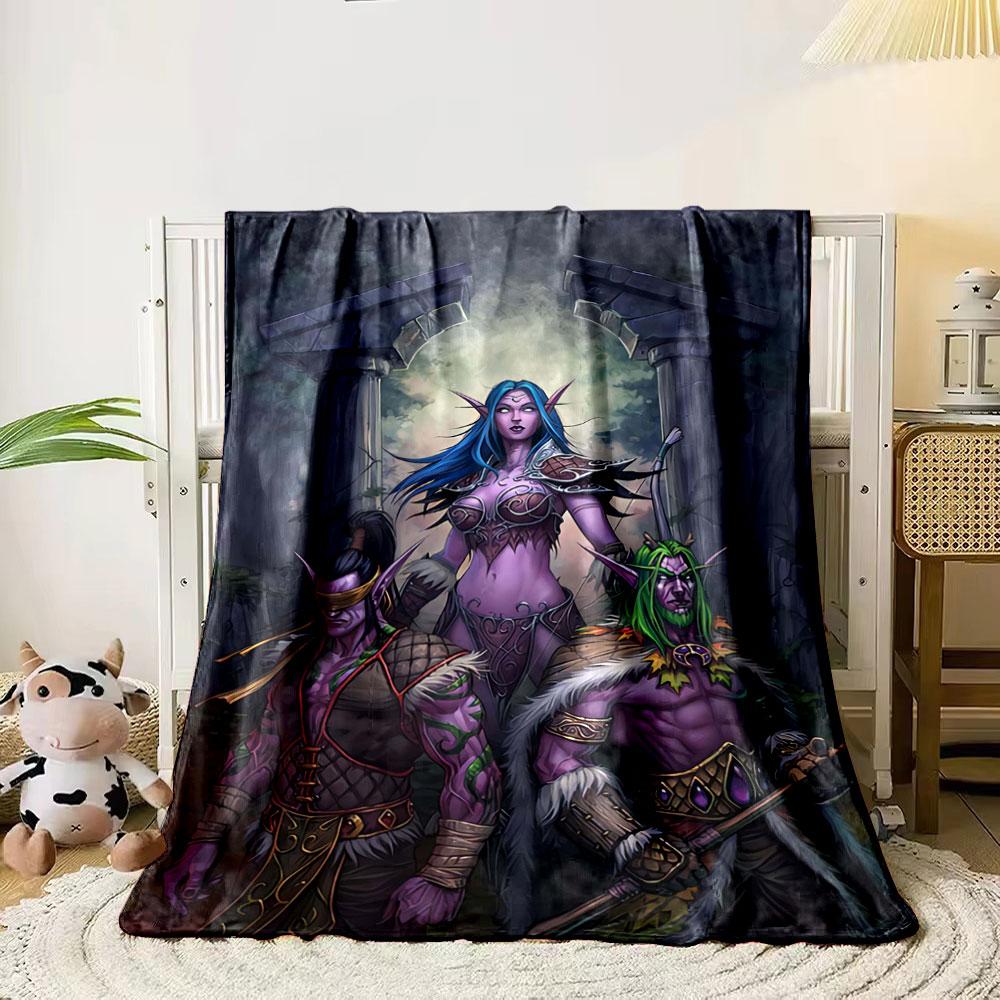 Three elf-like warriors in fantasy armor pose amid ancient ruins and forest. for all seasons blanket lunch break throw gift 80cm x 120cm