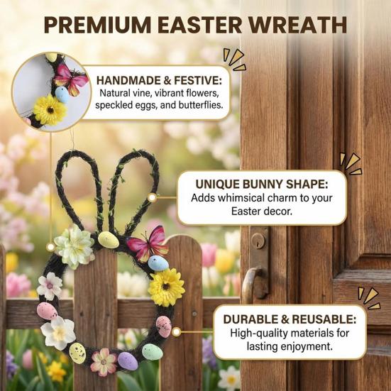 Yousheng Rabbit Garland Easy To Hang Bunny Themed Easter Wreath Spring Holiday Decoration Front Door Window Wall Porch Indoor Outdoor Easter Party