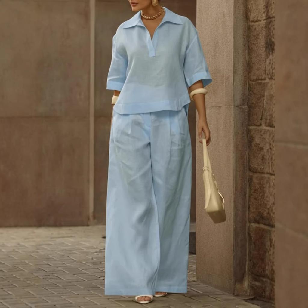 2026 European and American cross-border Amazon independent station spring and summer new solid color set, thin versatile wide-leg pants two-piece set