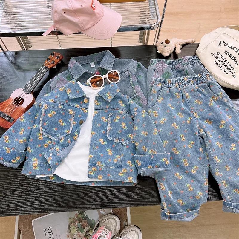 Girls Clothing Sets Spring Autumn Children's Clothing Cute Denim Jacket Cardigan Straight Leg Jeans Kids Suit