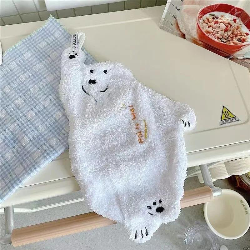 1pcs Cartoon Polar Bear Hand Towel, Hanging Thick Absorbent Towel, Household Cute Hand Towel, Ear Hanging Hand Towel