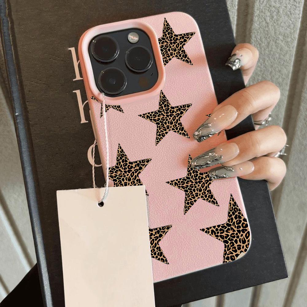HOT Trendy Leopard Print Stars Lichee Leather Pattern Phone Case For iPhone 17 16e 16 15 14 13 12 11 Air Pro Max Plus X XR XSMax