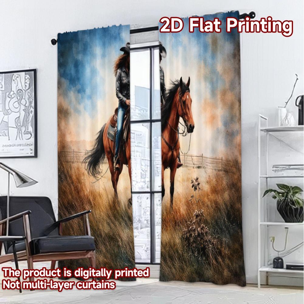 2D FLAT PRINTING 2pcs Curtains (Without Rod) Cowgirl Riding Horse Pattern Modern Curtains Versatile 100% Polyester Curtains Eid