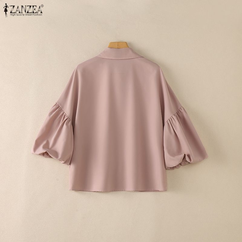 ZANZEA Women Casual Turn Down Collar Loose Puff 3/4 Sleeve Plain Blouse