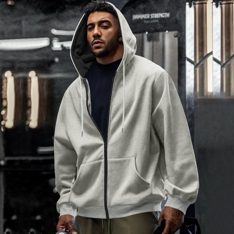 Men S Loose Fleece Lined Drawstring Colorblock Hooded Zip Cardigan Sweatshirt