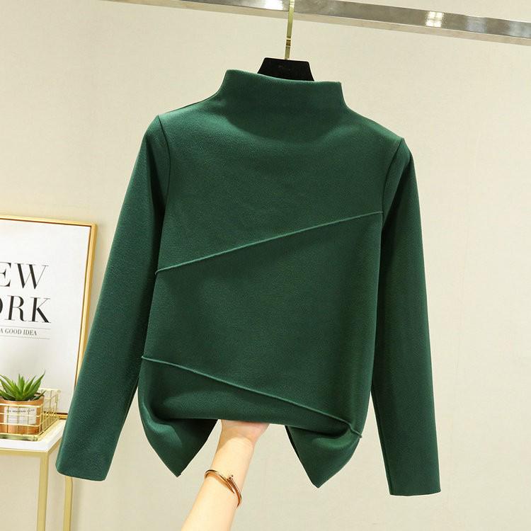 Women's Double-Sided Fleece Semi-High Neck Long-Sleeve Korean-Style Autumn/Winter T-Shirt with Double-Stripe Design