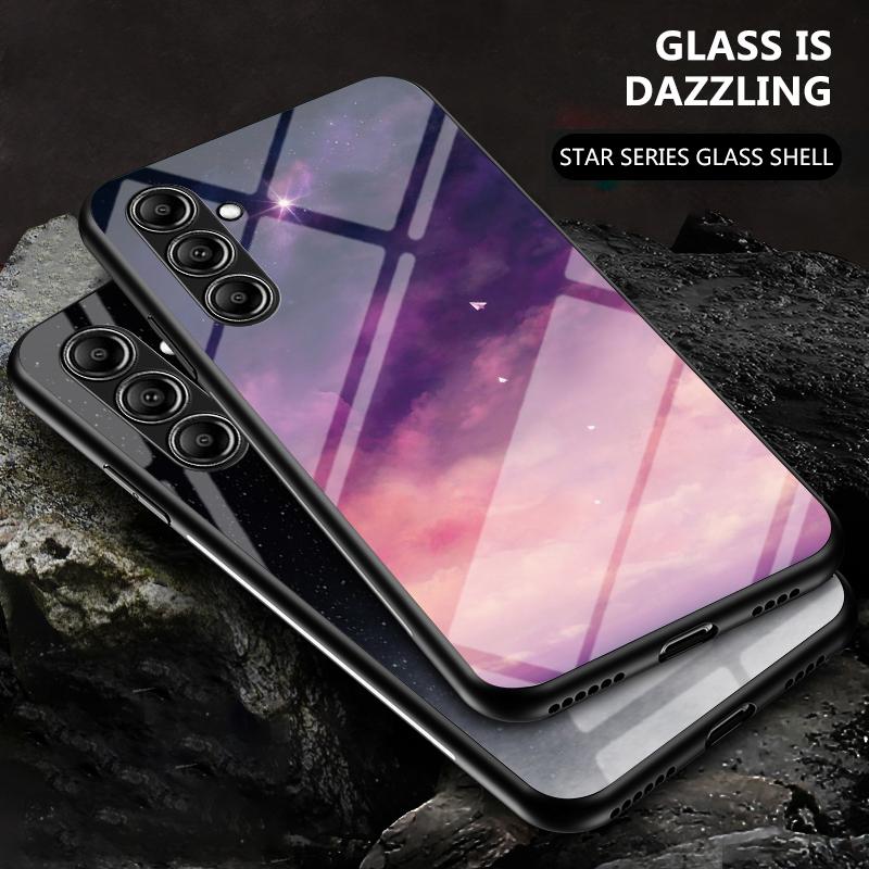 For Samsung Galaxy S23 FE Starry Sky Pattern Tempered Glass Case PC+TPU Anti-Scratch Phone Cover