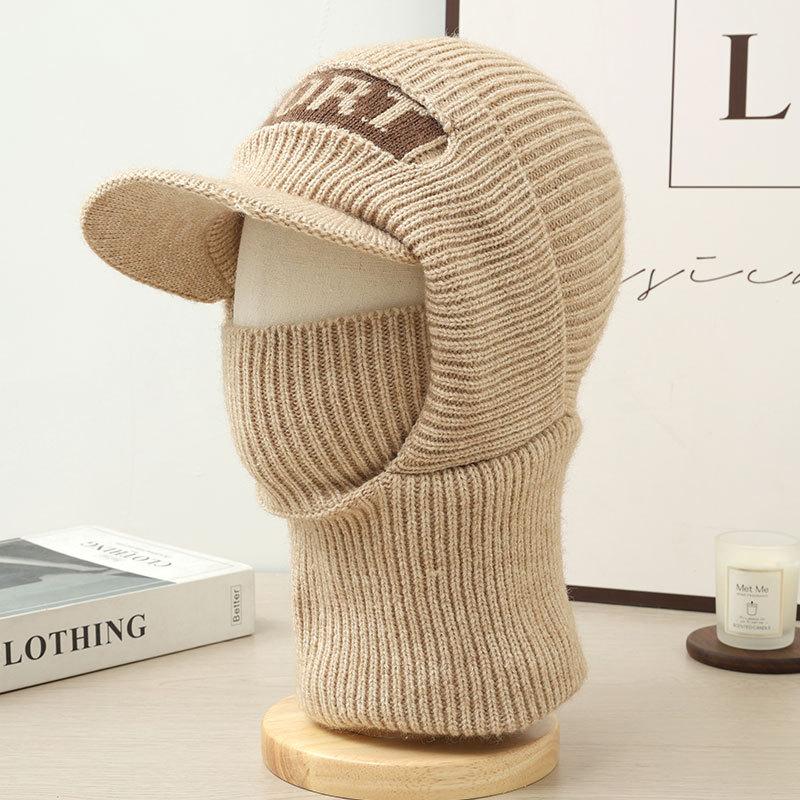Men'S Velvet Lined Knitted Beanie Winter Hat With Collar, Outdoor Cycling Sports Cap For Men Black/Gray One Piece New Keep Warm