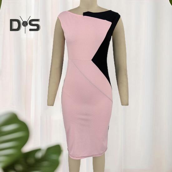 

Женское платье без рукавов в тон в стиле пэчворк, облегающее платье-миди с разрезом сзади и круглым вырезом в деловом стиле, женское офисное платье миди L синий