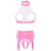 Womens Patent Leather Halter Open Bust Backless Crop Top Garter Underwear Set
