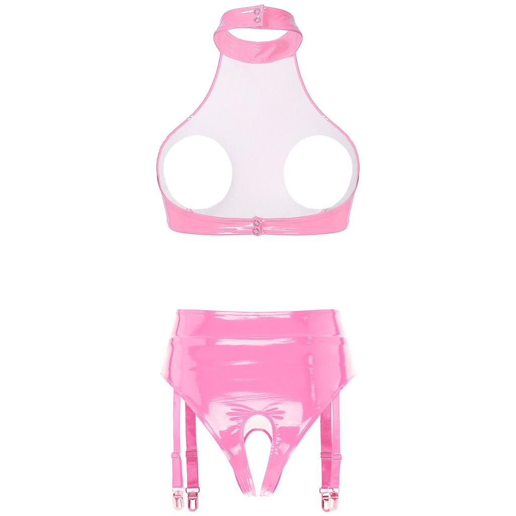 Womens Patent Leather Halter Open Bust Backless Crop Top Garter Underwear Set