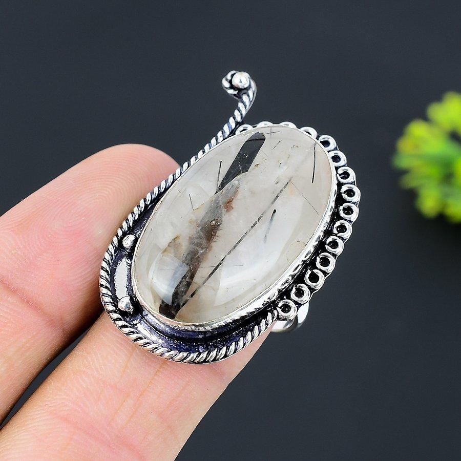 Black Rutile Gemstone Handmade 925 Sterling Silver Jewelry Ring Size 9 K2A76