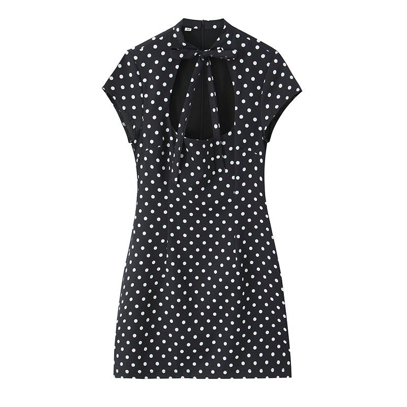 Vintage Polka Dot Dress Women 2026 Summer Hollow Out Stand Neck Short Sleeve Mini Dresses Lady New Sexy Slim Party Vestidos