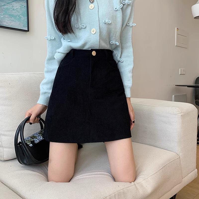 Cord-Minirock in Schwarz mit hoher Taille, A-Linie, für Damen - Herbst/Winter Mode 2026