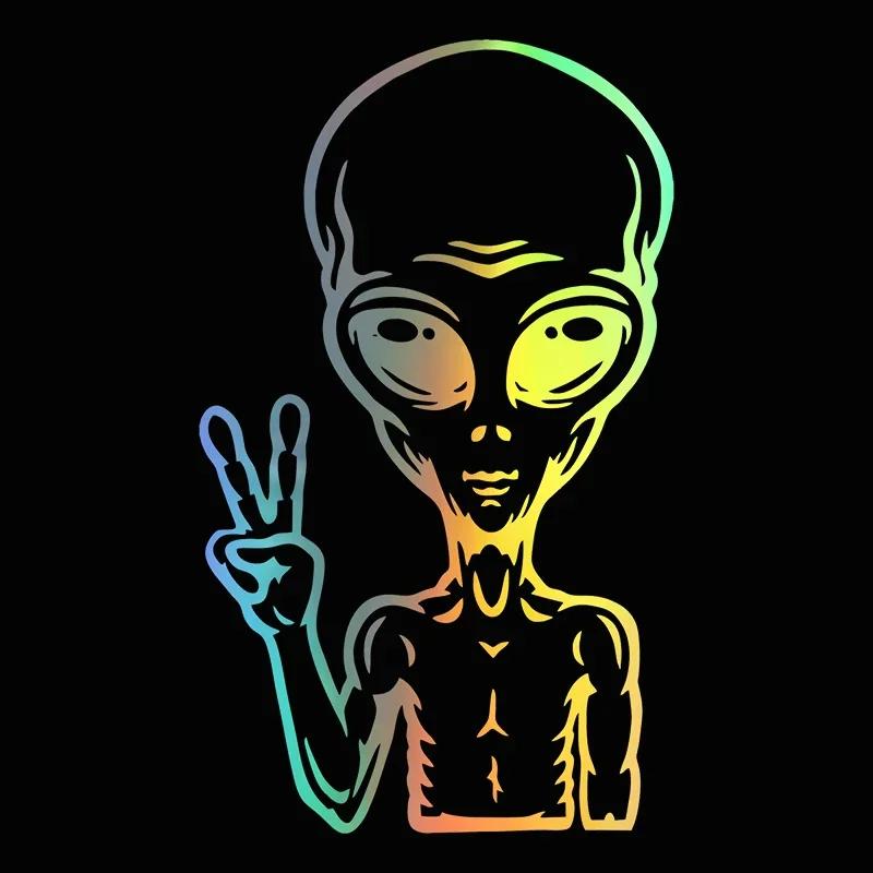 9.2X15.4CM Utsøkte Bilklistremerker Vinyl Dekal Tegneserie Alien Fredstegn Interessant Bil Dekorativ