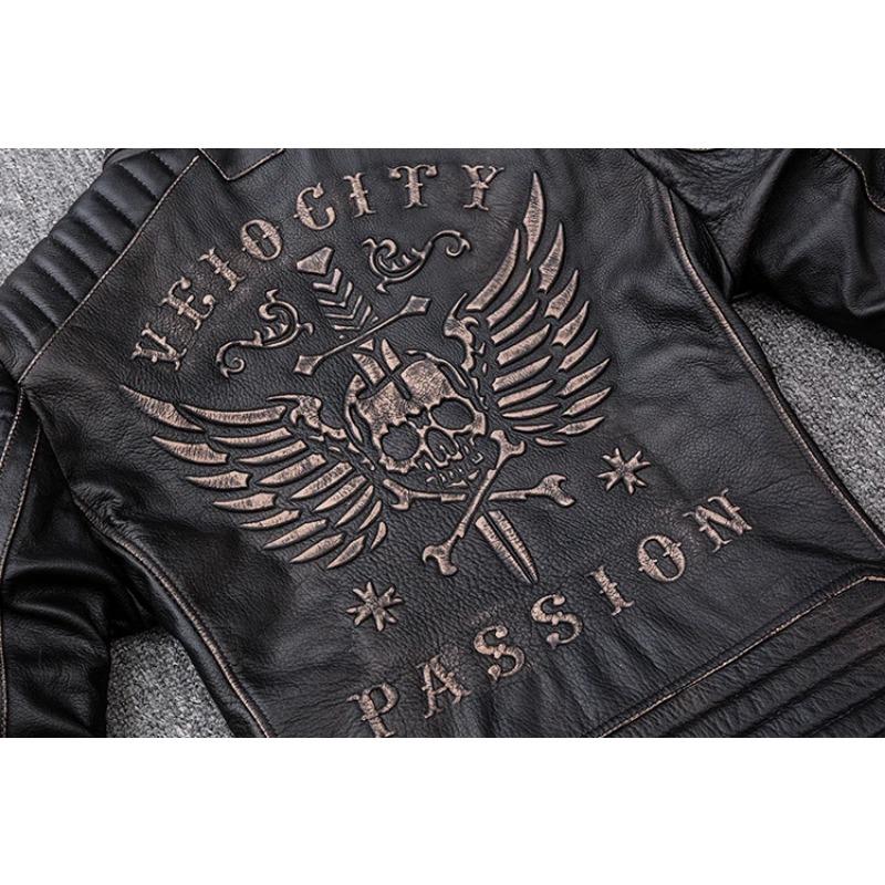 Kurtka motocyklowa Vintage w rozmiarze chińskim Czaszka 100% skóra bydlęca Slim Fit męska skórzana kurtka Zniszczona kurtka motocyklowa zimowa M203
