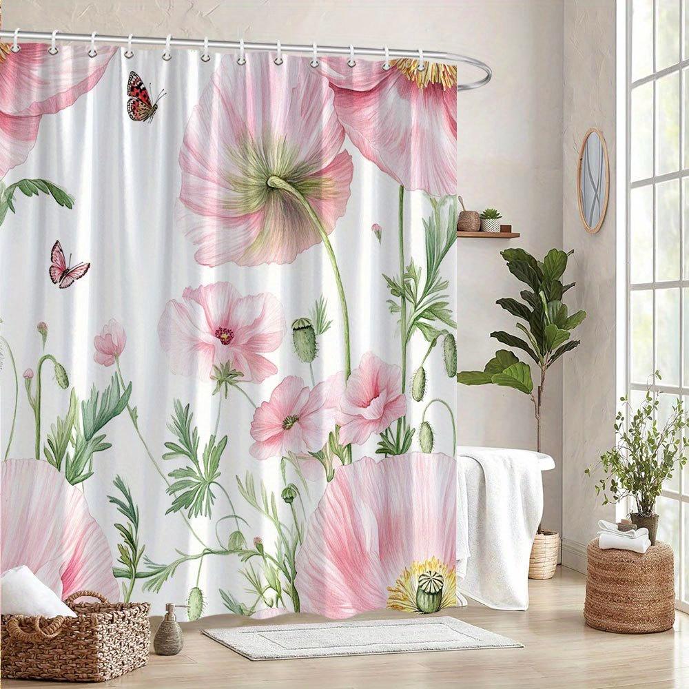 1 Whimsical Shower Curtain with Delicate Butterflies and Green Stems - Romantic Vintage Botanical Design, Machine Washable 90X180cm