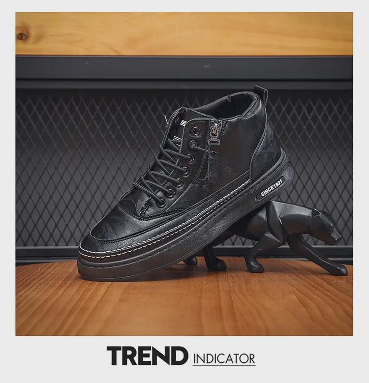 Botas Martin de cano alto de veludo de inverno masculinas - Sapatos casuais de couro com sola grossa e algodão quente da moda