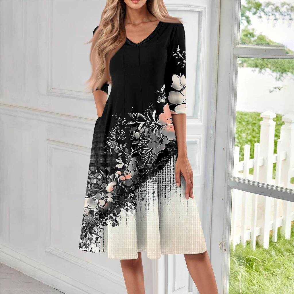 Women's Casual Fashion V Neck Three Quarter Sleeve Print Midi Dress