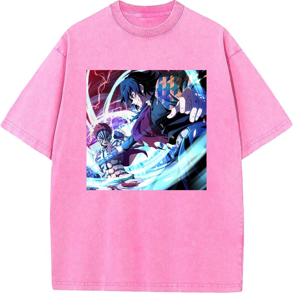 Tomioka Giyuu Akaza Anime Clothing Demon Slayer Cotton Tee Men Women Retro Washed T-shirts Casual T Shirt Harajuku Male Tshirt