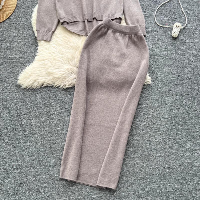 Tvådelat set Damkläder Mild Stil Lättslappig Lös passform Pullover O-hals Långärmad Stickad Tröja Midi Bodycon Kjolar