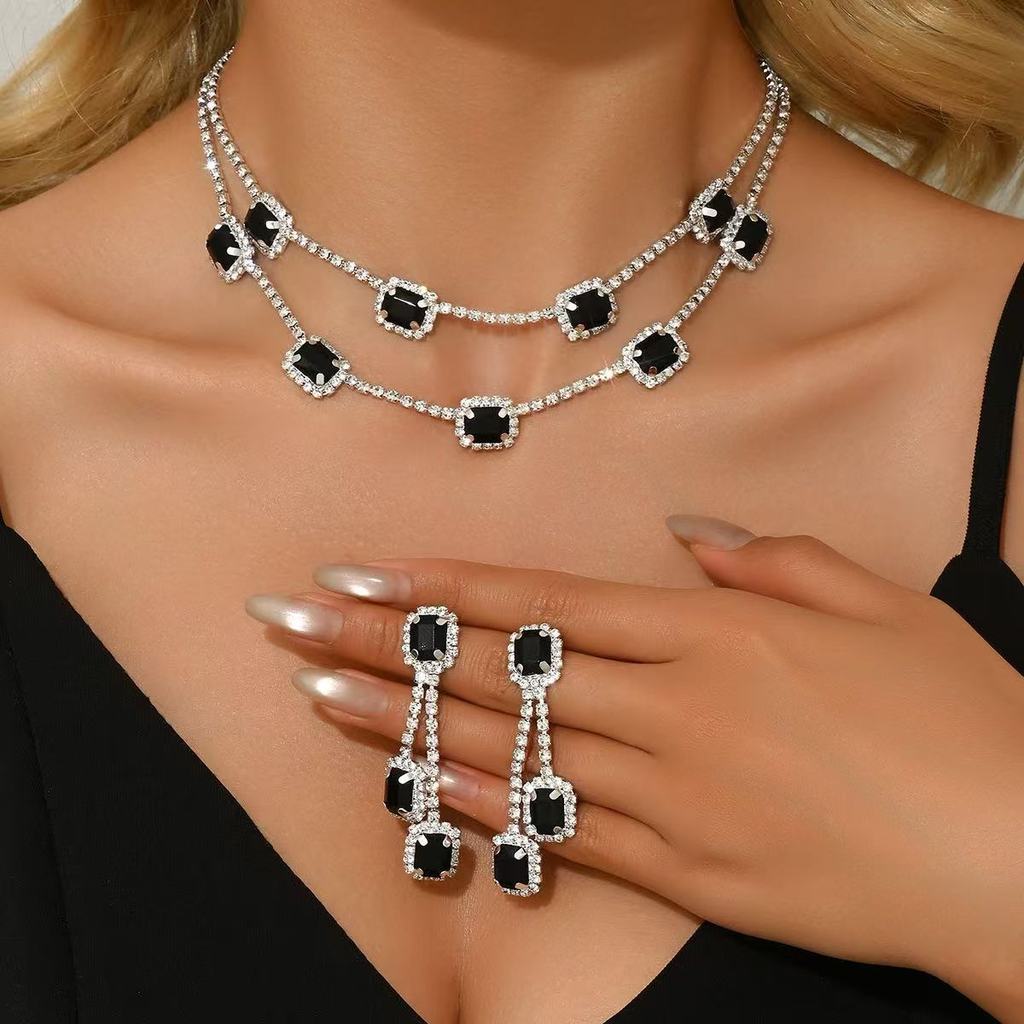 Geometric Double Layer Collar Necklace With Water Diamond Pendant For Women